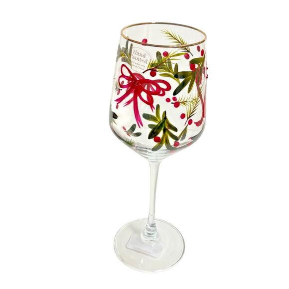 Hand Painted & Jeweled Wine Glass Set of 2  Coquette Christmas Red Bows & Holly - Picture 10 of 10